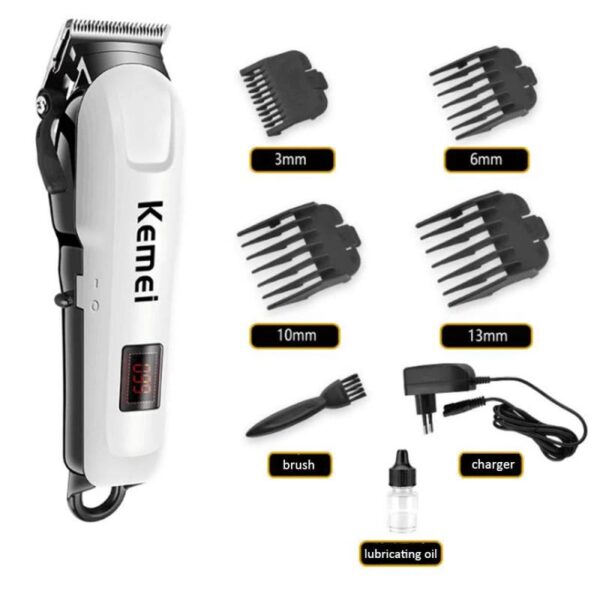 The Kemei KM-809A is a rechargeable electric hair clipper designed for both personal and professional grooming.