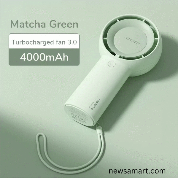 JISULIFE FA43 Handheld Turbo Fan. Powered by a 4000mAh battery, it offers 5-speed turbo airflow, up to 16 hours runtime, USB fast charging,