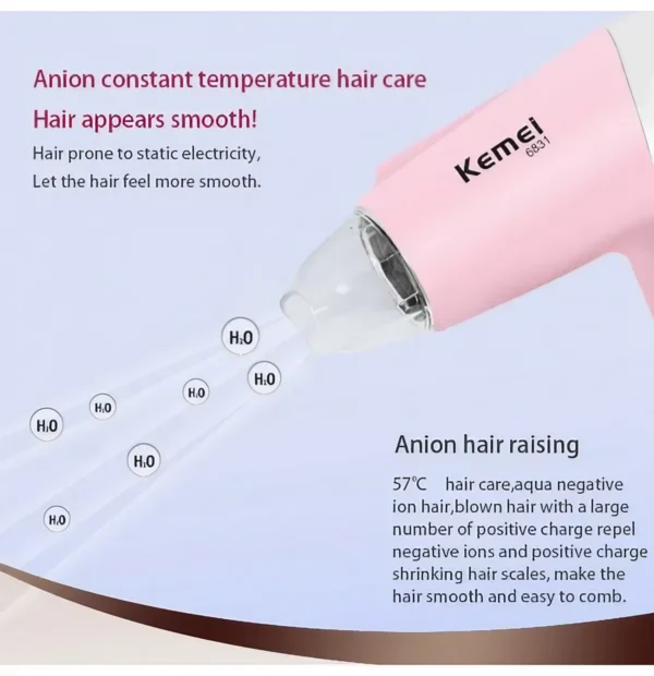 Kemey Km6831 Cool And Hot Foldable Electric Hair Dryer For Women - Hair Dryer - Image 3