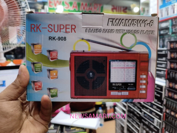 RK Super RK-908 8-Band Radio with USB SD Player and Torch Light is an all-in-one solution for entertainment and utility.