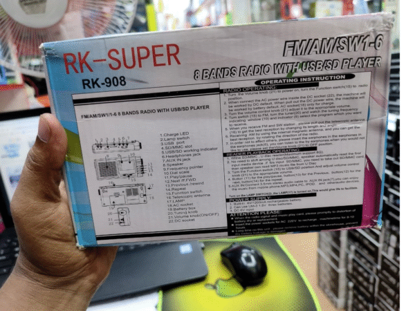 RK Super RK-908 8-Band Radio with USB SD Player and Torch Light is an all-in-one solution for entertainment and utility.