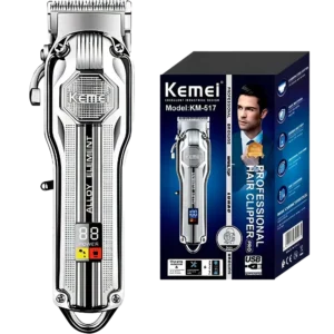 Brand: Kemei Model: KM-517 Powerful motor for smooth trimming Sharp carbon steel blades 2000mAh lithium battery with long runtime USB rechargeable with LCD display Durable all-metal body 6 guide combs (1.5mm–13mm); 0.5-1 without comb for styling options Warranty: 1 Year